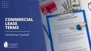 a clipboard with a document and a blue pen with a background of money and a house with a caption of commercial lease
