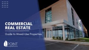 a commercial real estate building with a street light and a caption of commercial real estate guide to mixed used properties