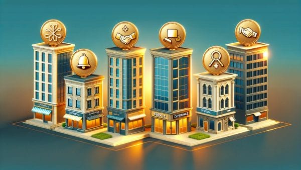 Illustration of a stylized commercial property block with buildings topped by golden coins featuring symbols of amenities and services, representing the comprehensive services included in commercial property management fee packages.