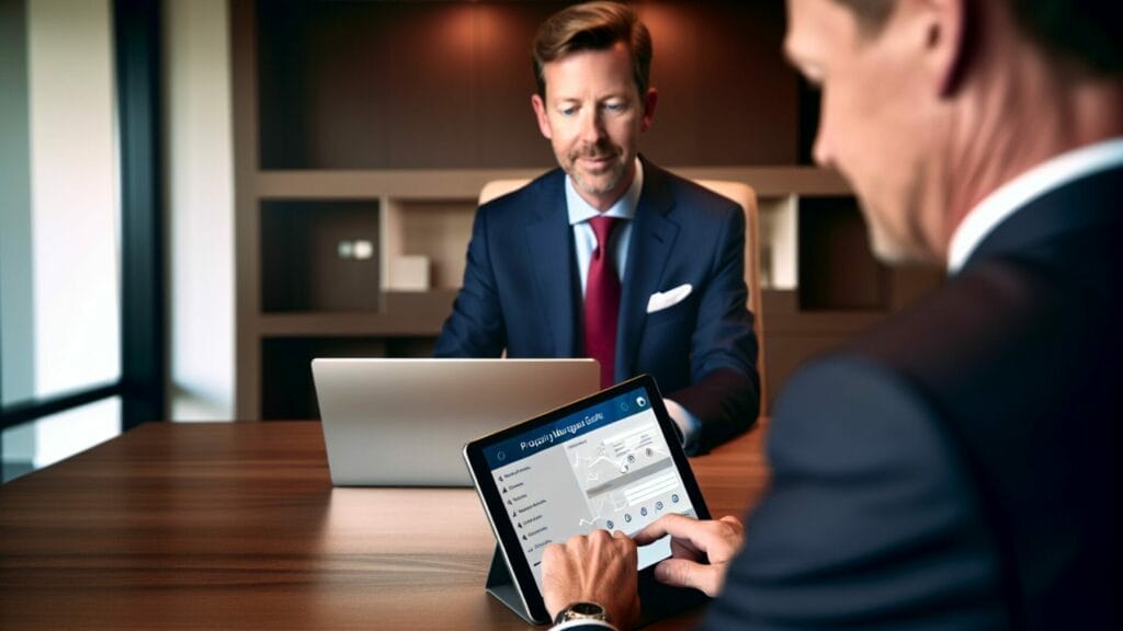 A businessman in a sharp suit reviews data on a tablet, with a laptop open in front of him, in a modern office setting, indicative of the sophisticated tools used in calculating commercial property management charges.