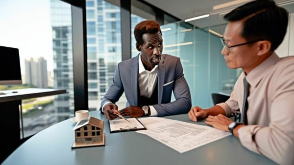 Alt-text: "Two professionals in a high-rise office discussing over a tablet and architectural plans, with a model building and coffee cup on the table, highlighting the value of expert consultation in commercial property management fee structures.
