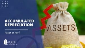 A sack labeled 'ASSETS' with a decreasing red arrow graph, symbolizing the query 'is accumulated depreciation an asset' for a financial blog.