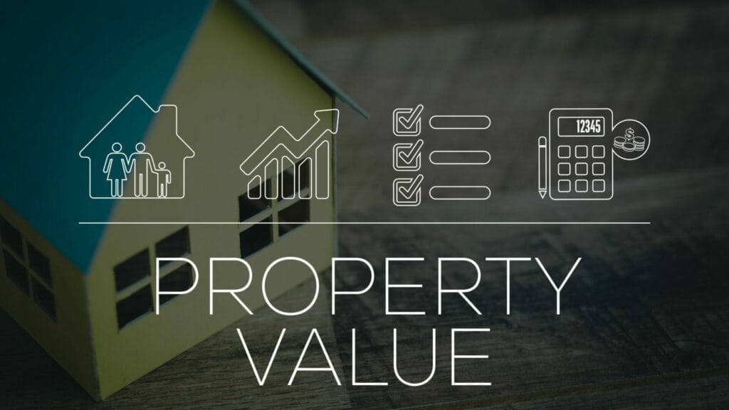 A conceptual image with a miniature house model on a wooden surface, graphics of a family, upward trend, checklist, and calculator, headlined by "PROPERTY VALUE," illustrating the key takeaways in valuing commercial property.